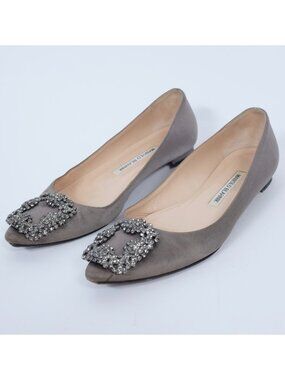 Manolo Blahnik HANGISIFLAT flats shoes 35.5 5.5 jewel gray silk buckle pumps
